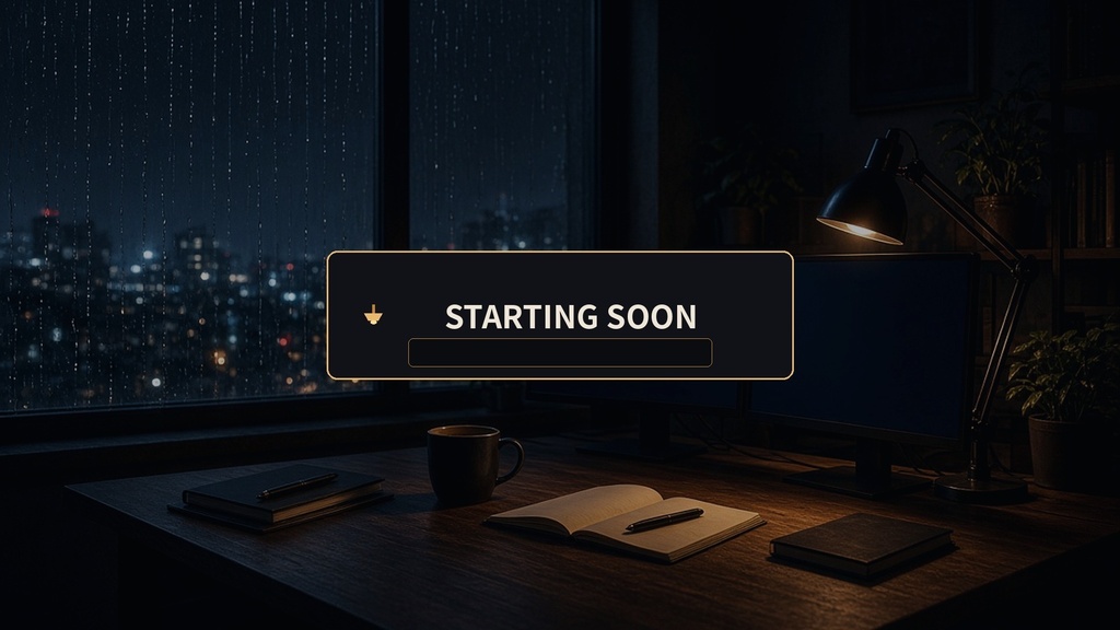 【VTuber】ミッドナイトデスク 配信オーバーレイ|窓の雨・ランプ|雑談/ゲーム+WebMアラート5種|商用可