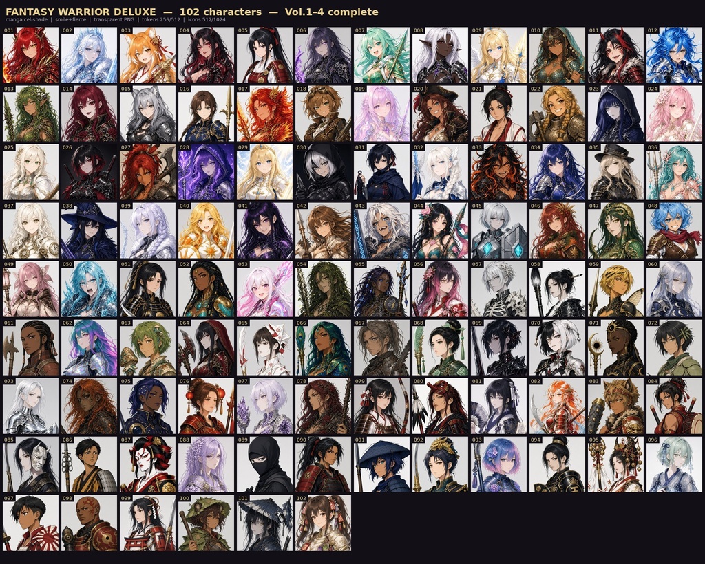 和風ファンタジー女戦士バストアップ126体【商用可】表情3種+透過PNG+トークン