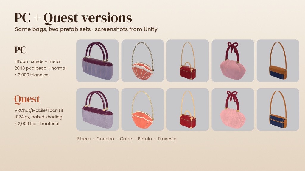 Suede Bags|スエードバッグ30種(手持ち/肩掛け・PC/Quest対応・プレハブ120個)VRChat