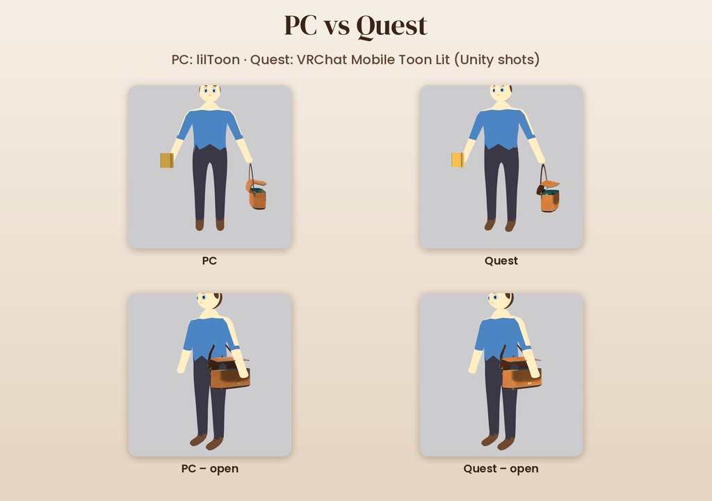 【VRChat】BagsFunc 開閉・取り出し・VRでつかめる スエードバッグ30種【PC/Quest・MA対応】