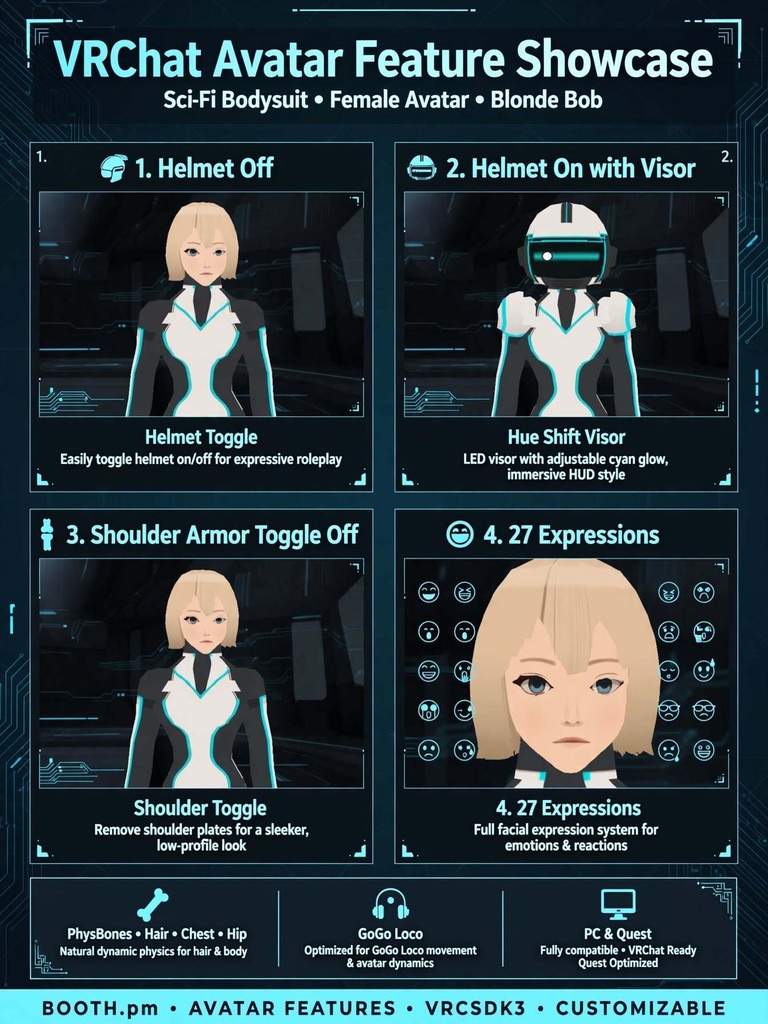 VRChat 3Dアバター SCI-FI SUIT v1.3 - 7ジェスチャー + 5固定ポーズ + 3ダンス + 6エモート + 27表情 + 15口パク | PC + Quest GOOD ✨ 特別機能 - 着脱式ヘルメット