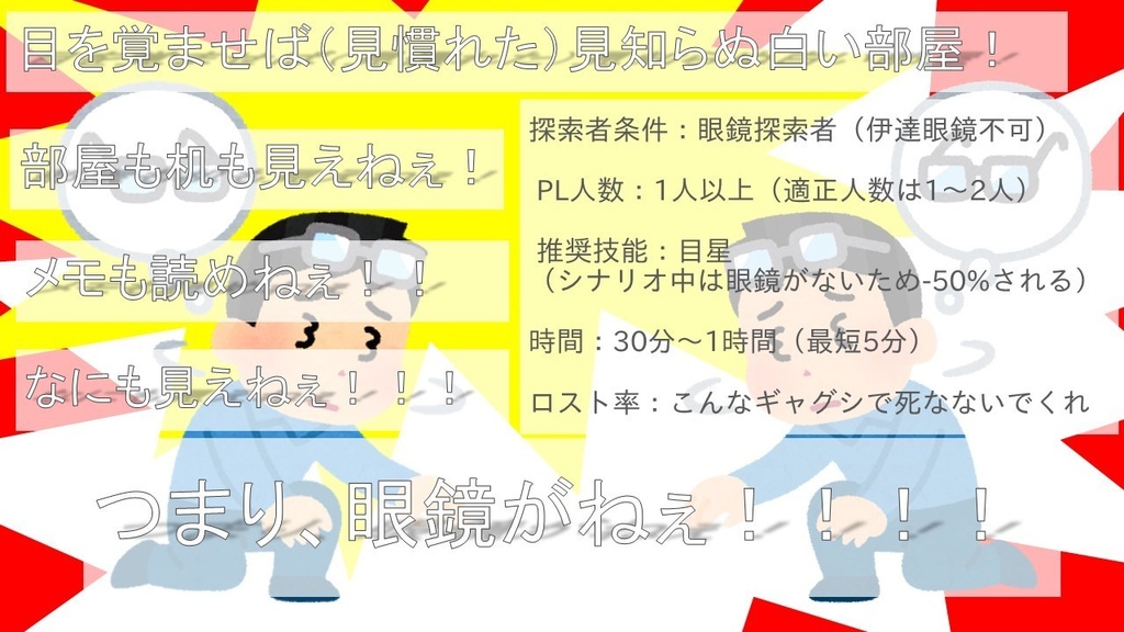 クトゥルフ神話TRPG『白い正方形の部屋からの脱出』~眼鏡を失った探索者達~