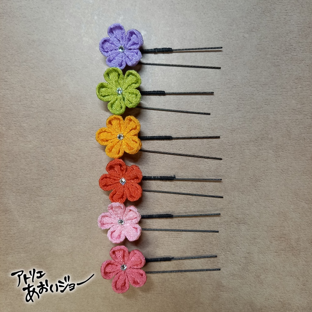 【つまみ細工】Uピン6本組　ピンク