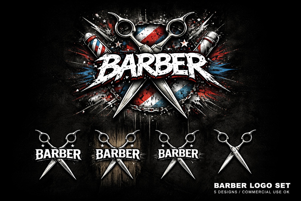 【商用OK】BARBER向け ストリートロゴ素材5点セット