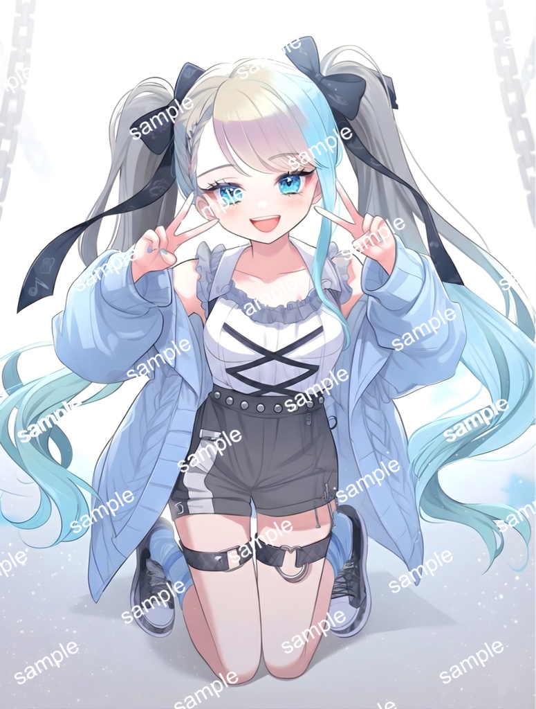 【限定1点】爽快ソーダカラー!ストリート系ハーフツインちゃん【Vライバーデビューフルセット】