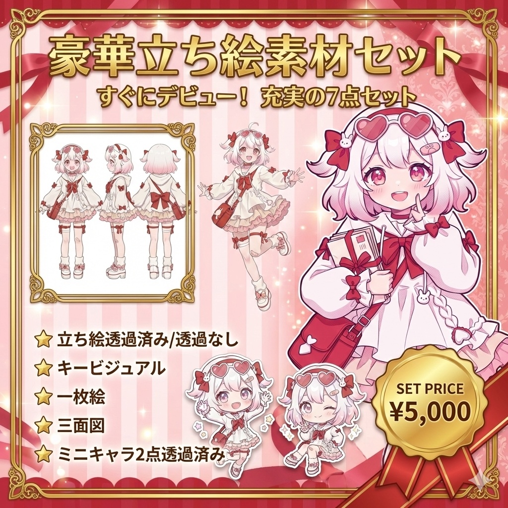 【限定1点】ハートサングラスと赤リボンの白パーカーっ子【Vライバーデビューフルセット】