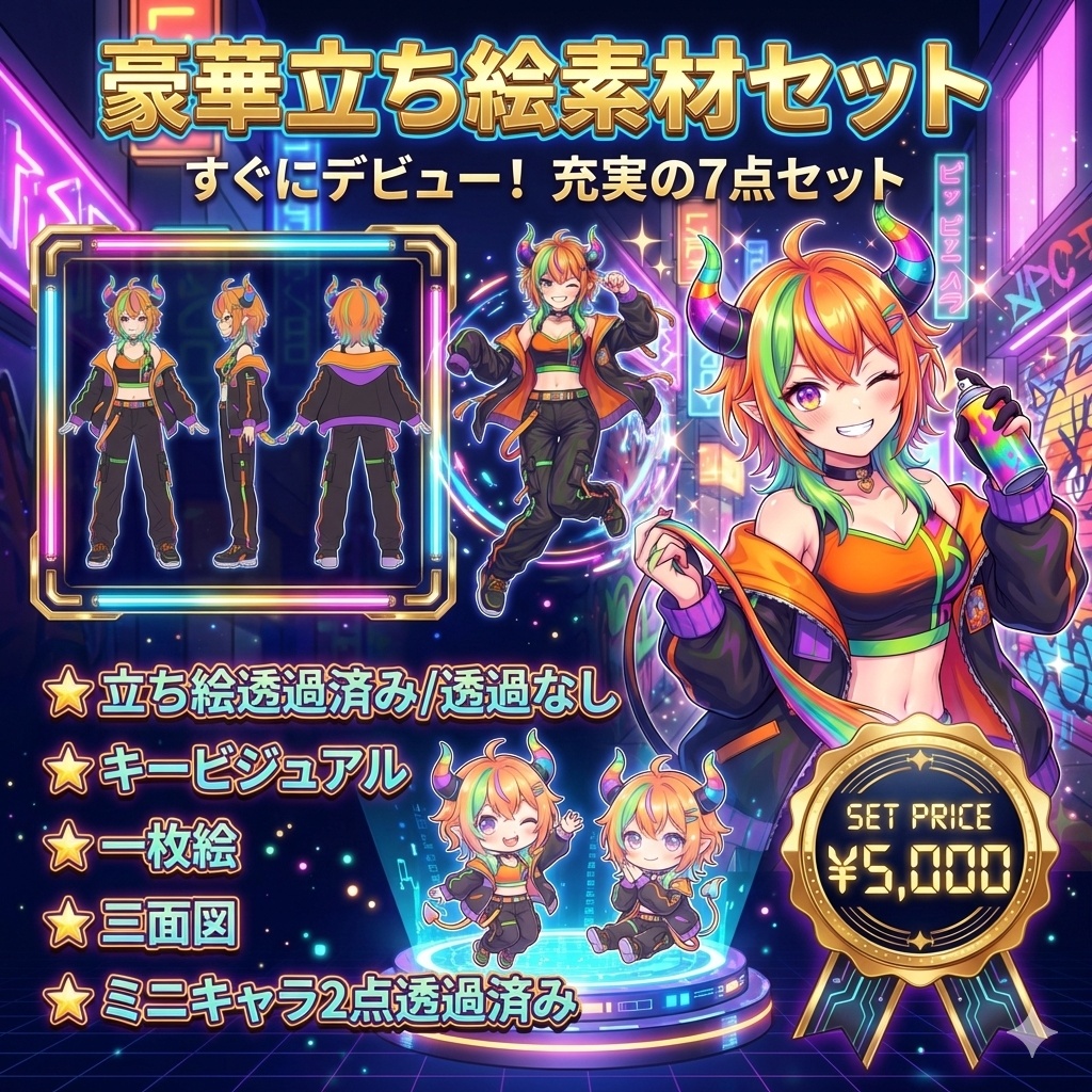 【限定1点】極彩色ストリート！ネオンカラーの元気な鬼娘【Vライバーデビューフルセット】