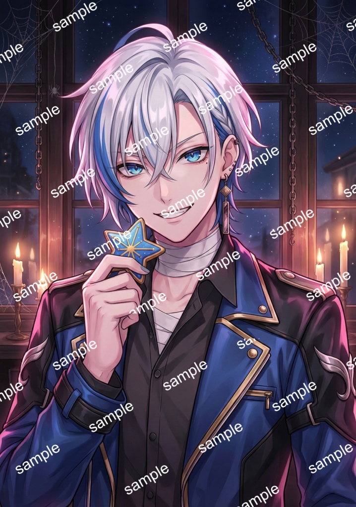 【限定1点】軍服風ジャケットの銀髪青メッシュ青年【Vライバーデビューフルセット】