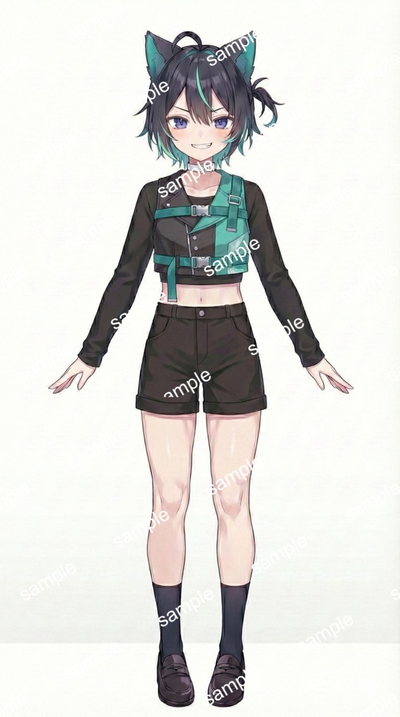 【限定1点】黒髪ショート×緑メッシュ!やんちゃな猫耳ストリート【Vライバーデビューフルセット】