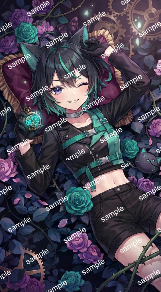 【限定1点】黒髪ショート×緑メッシュ!やんちゃな猫耳ストリート【Vライバーデビューフルセット】