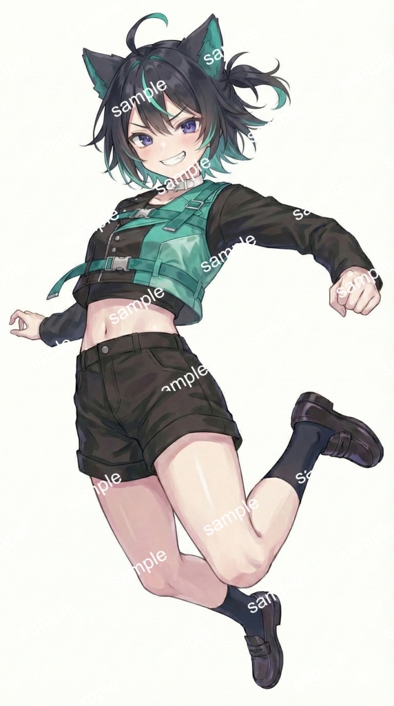 【限定1点】黒髪ショート×緑メッシュ!やんちゃな猫耳ストリート【Vライバーデビューフルセット】