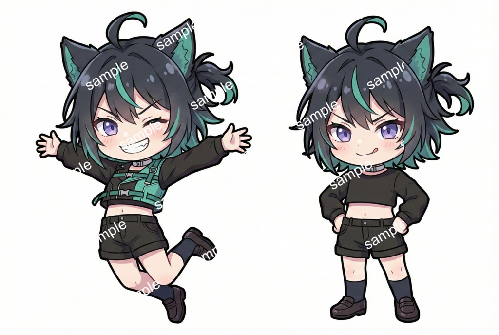 【限定1点】黒髪ショート×緑メッシュ!やんちゃな猫耳ストリート【Vライバーデビューフルセット】