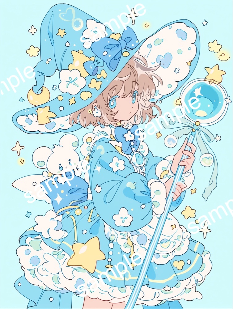 一枚絵おまけつき【限定1点】星と雲の魔法!ポップな空色魔女とネズミさん【Vライバーデビューフルセット】