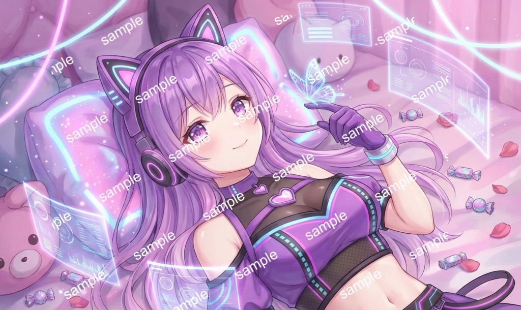 【限定1点】電脳世界からアクセス!紫のサイバー猫耳少女【Vライバーデビューフルセット】