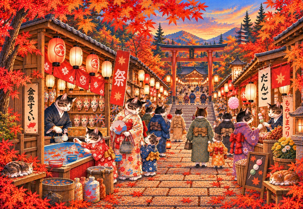 紅葉祭りの猫たち ~秋の神社参道~|ジグソーパズル