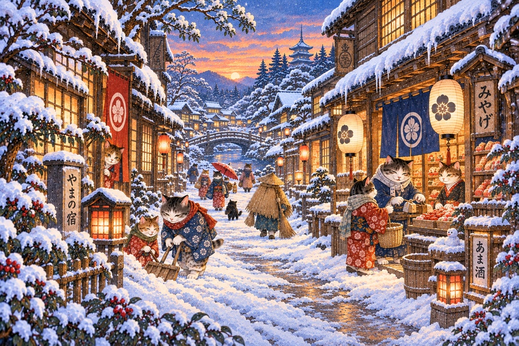 雪灯りの猫町 ~夕暮れの宿場町~|ジグソーパズル