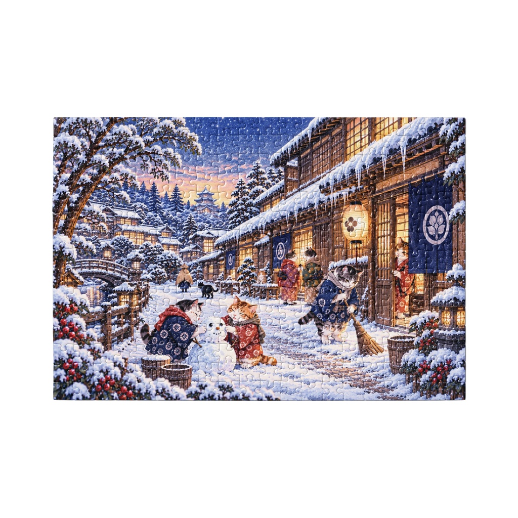 雪の日の猫町 ~雪だるまと冬の長屋~|ジグソーパズル