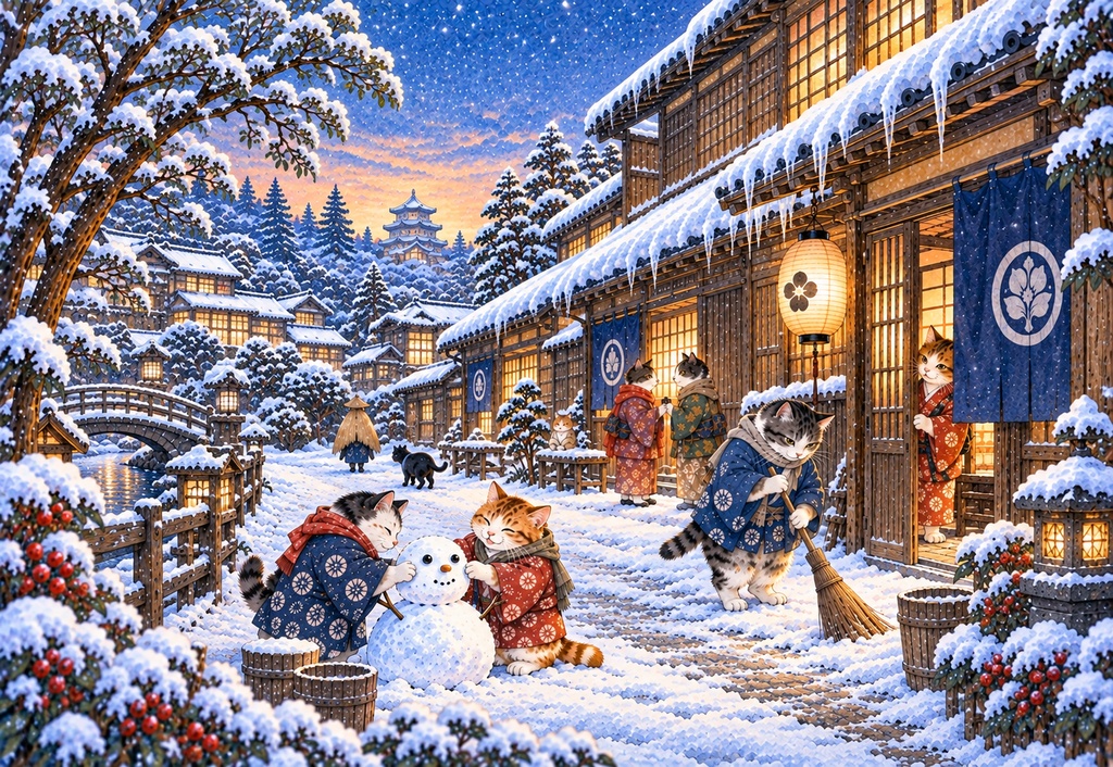 雪の日の猫町 ~雪だるまと冬の長屋~|ジグソーパズル