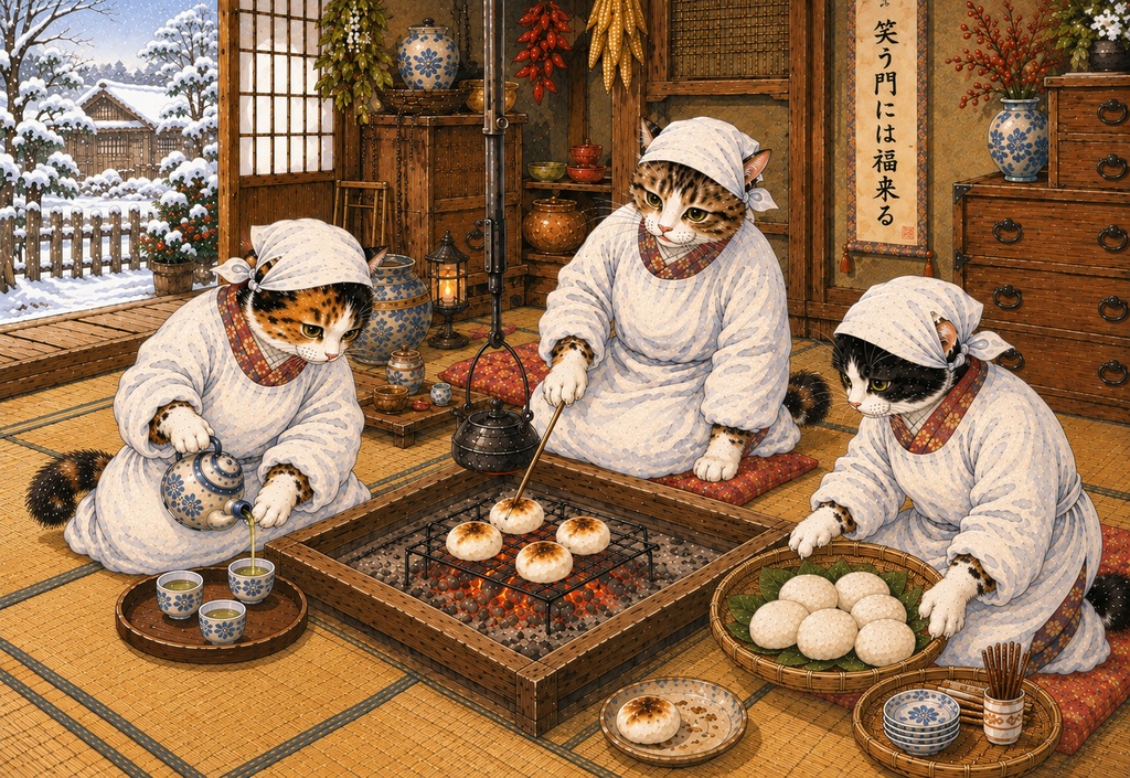 囲炉裏を囲む猫たちの冬支度|和風ジグソーパズル 300ピース