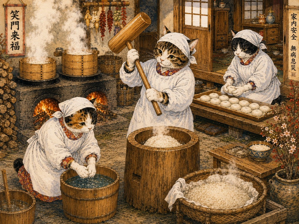 猫たちの餅つき、笑門来福|和風ジグソーパズル 300ピース