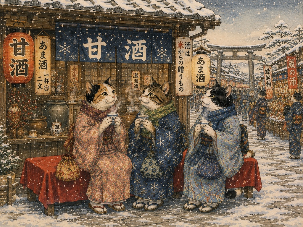 雪街の甘酒屋と三匹の猫|和風ジグソーパズル 300ピース