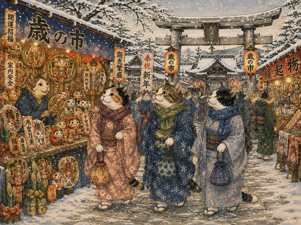 雪降る歳の市と福招き猫たち|和風ジグソーパズル 300ピース