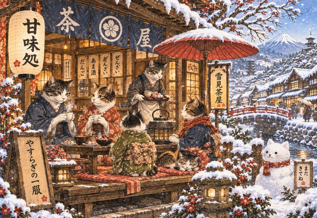雪見茶屋と猫たちの冬じかん|和風ジグソーパズル 300ピース