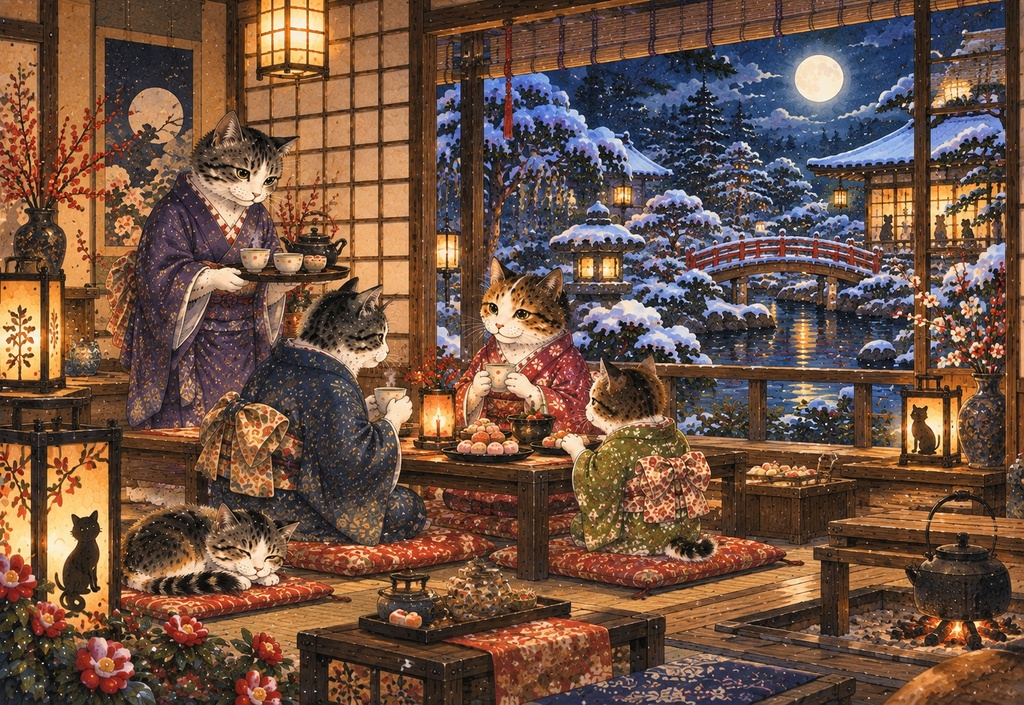 月あかりの茶屋と猫たち|和風ジグソーパズル 300ピース