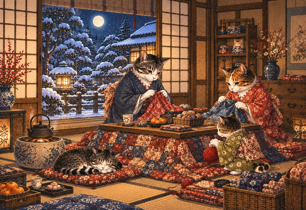 こたつを囲む猫たちの冬の繕い物|和風ジグソーパズル 300ピース