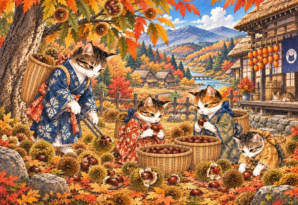 秋の里山と猫たちの栗拾い|和風ジグソーパズル 300ピース