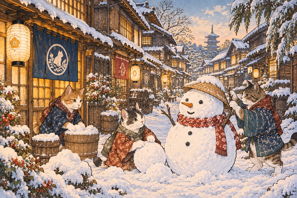 雪灯りの猫町と雪だるま