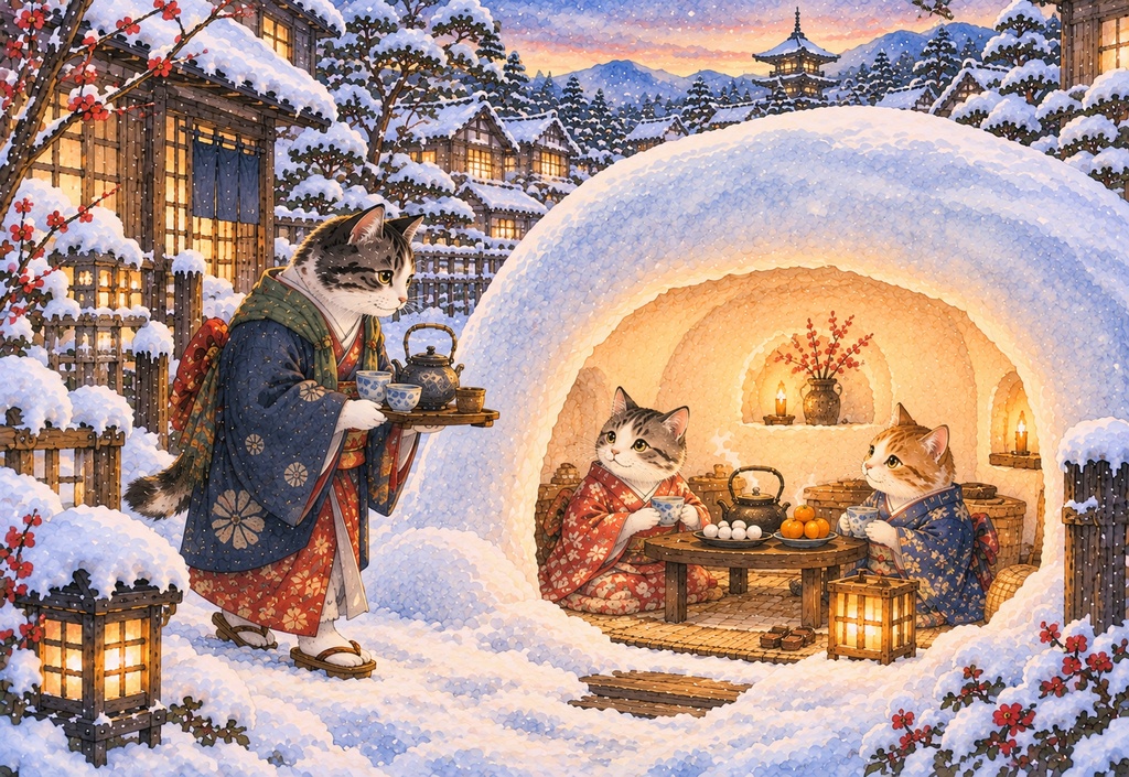 雪のかまくらと猫たちのお茶会