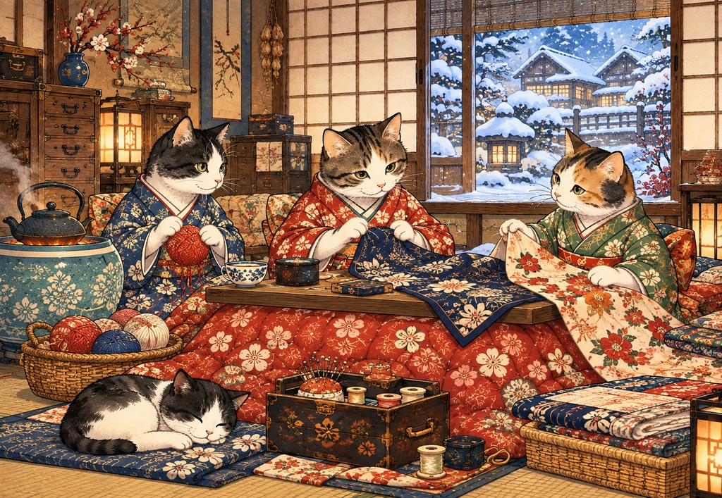 冬の繕い物と猫たち