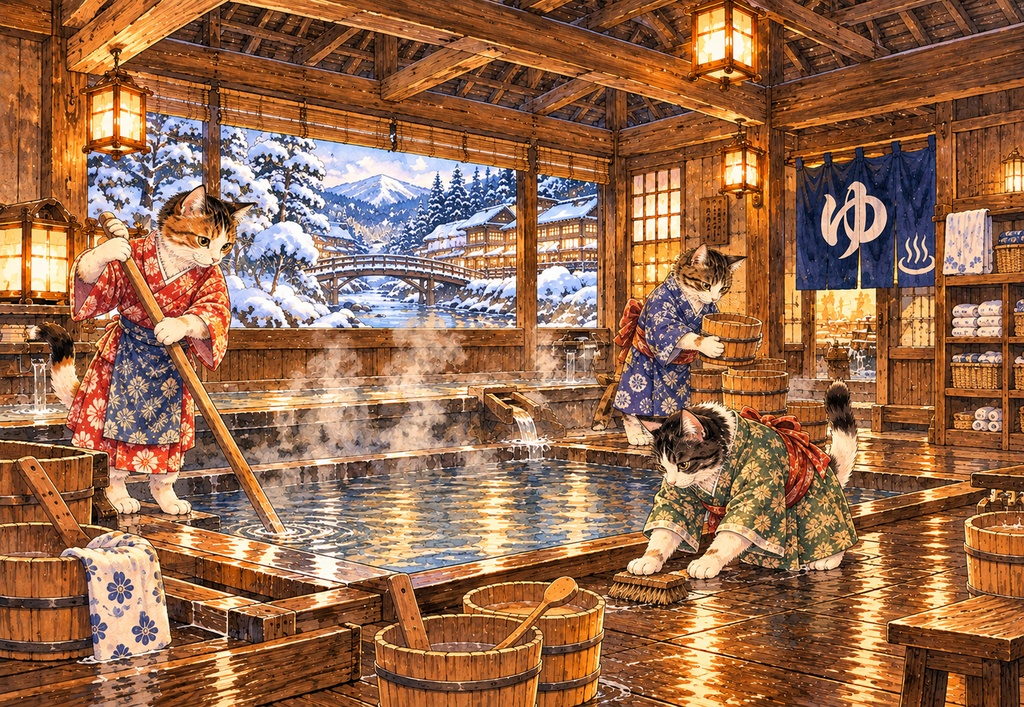 雪の湯屋で働く猫たち