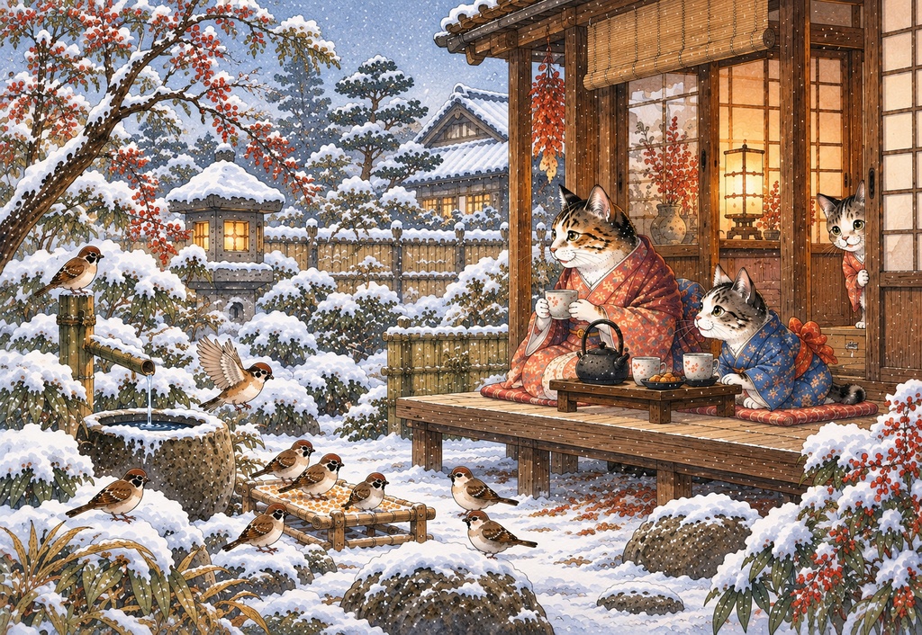 雪の庭に来た雀たち|猫たちの冬の縁側