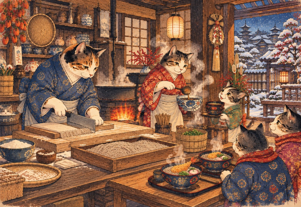 雪降る大晦日、猫たちの年越しそば