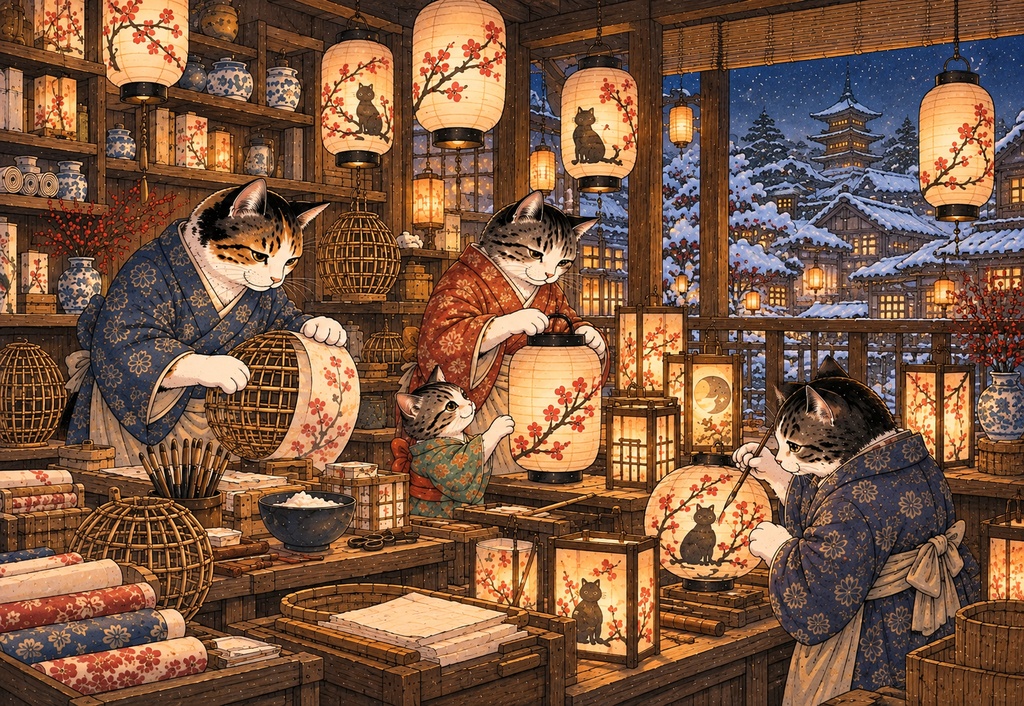 雪夜の猫たちの提灯工房