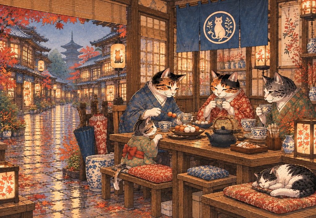 秋雨の猫茶屋 ~灯りに包まれたひととき~