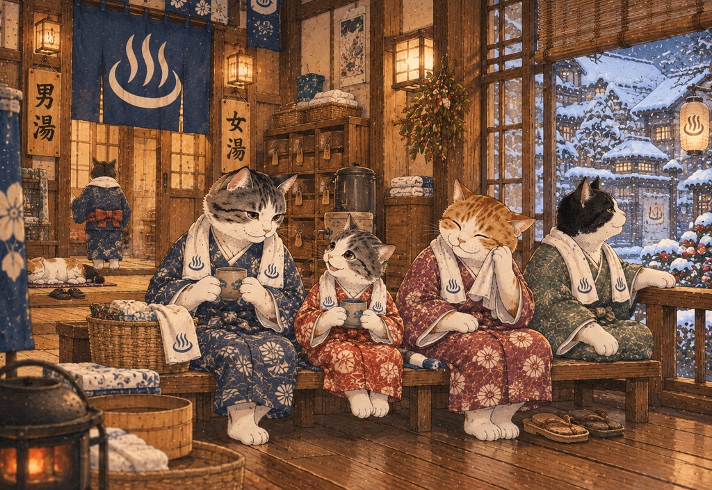 雪の湯屋と猫たち ~湯上がりのお茶時間~