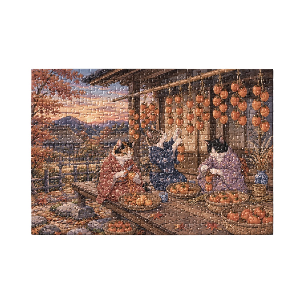 秋の縁側と猫たちの干し柿作り ~里山の小さな秋仕事~