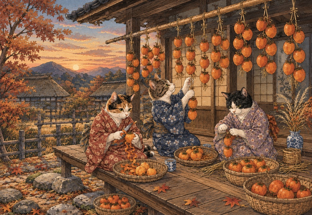 秋の縁側と猫たちの干し柿作り ~里山の小さな秋仕事~