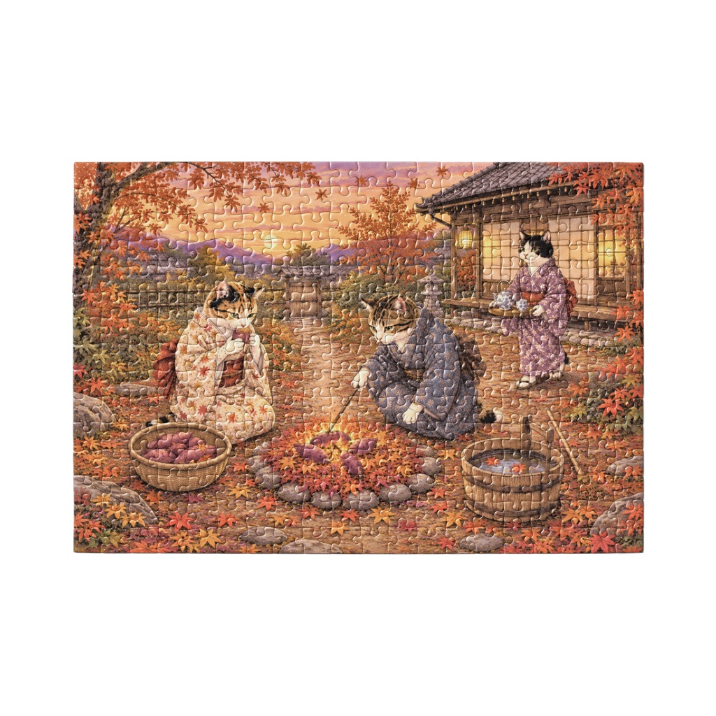 秋の夕暮れ、焼き芋を囲む猫たち ~紅葉の里山と小さな秋の幸せ~