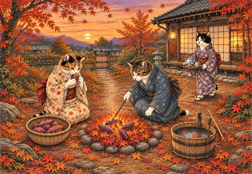 秋の夕暮れ、焼き芋を囲む猫たち ~紅葉の里山と小さな秋の幸せ~