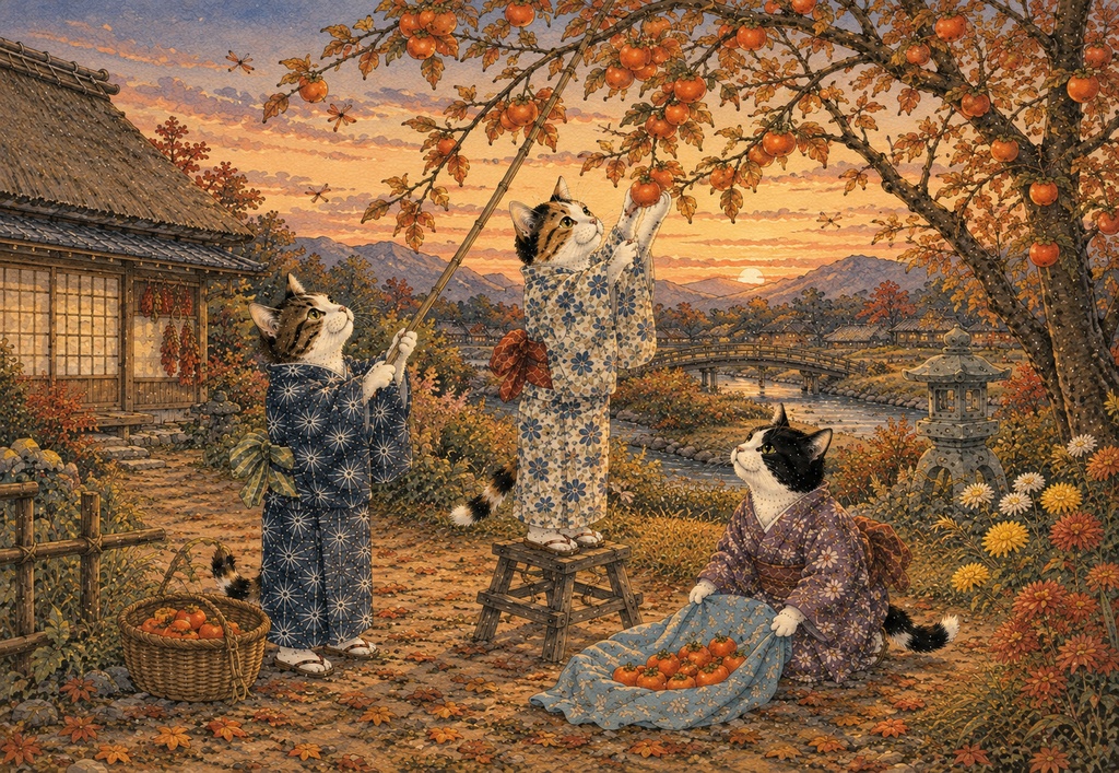 夕暮れの柿摘み猫たち ~秋の実りと里山の風景~