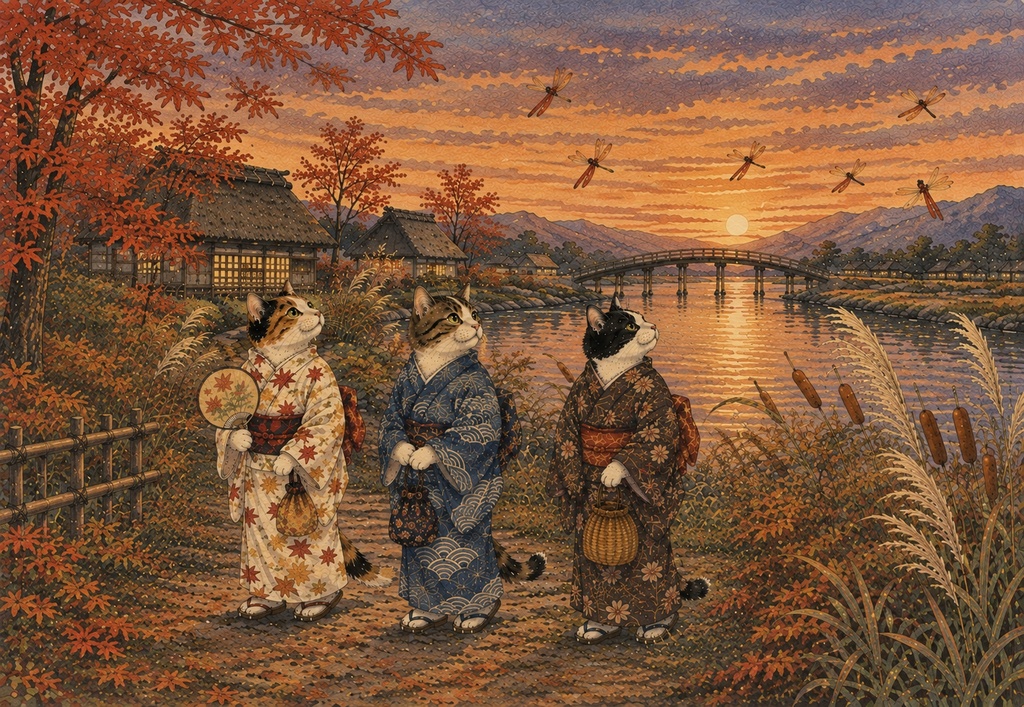 秋色の猫たちと夕映えの川辺 ~赤とんぼ舞う里山の秋~
