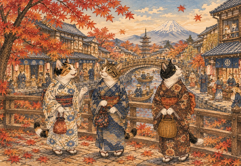 秋色の江戸町を歩く猫たち ~紅葉と富士を望む水辺の町~
