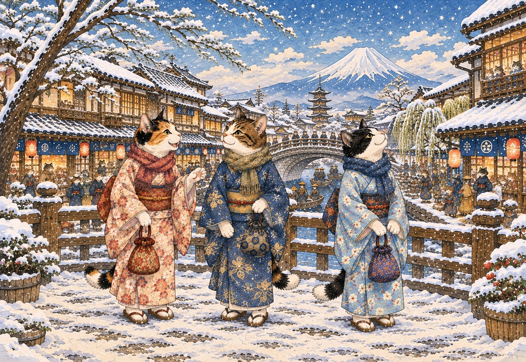 雪降る江戸町の猫たち ~富士を望む冬の町歩き~