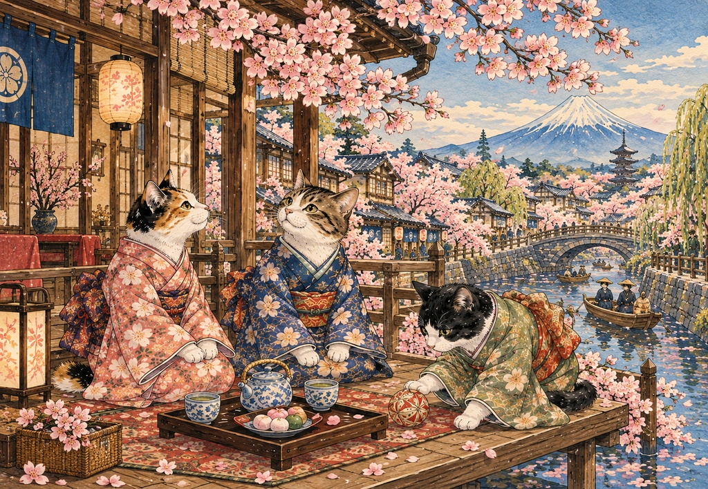 桜舞う川辺の猫茶屋 ~春の江戸町と猫たちのお花見日和~