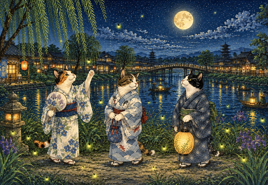 月夜の川辺と着物猫たち ~蛍舞う江戸の夏の夜~