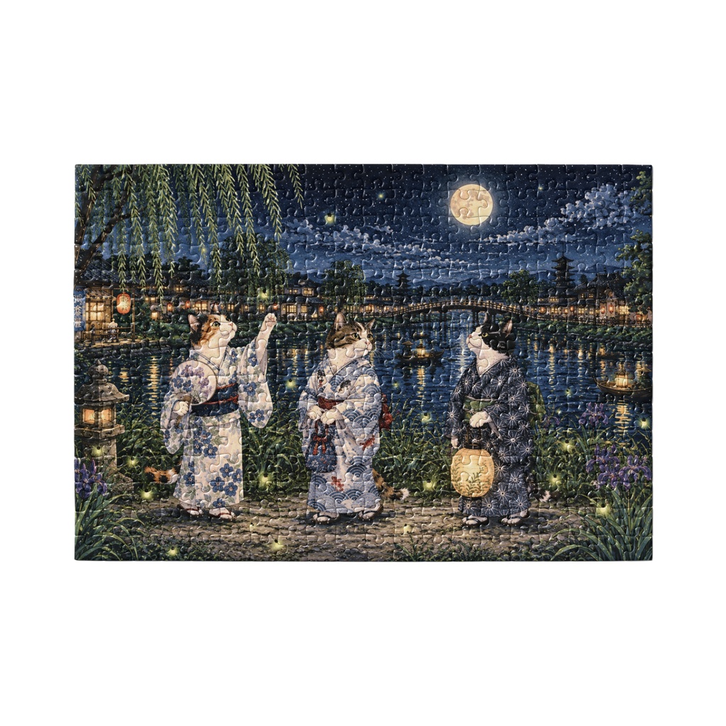 月夜の川辺と着物猫たち ~蛍舞う江戸の夏の夜~